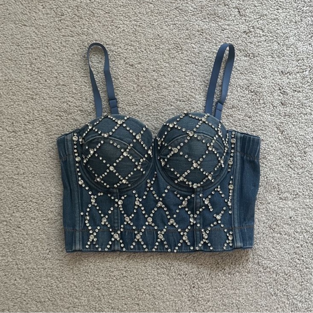 Rhinestone denim bustier top